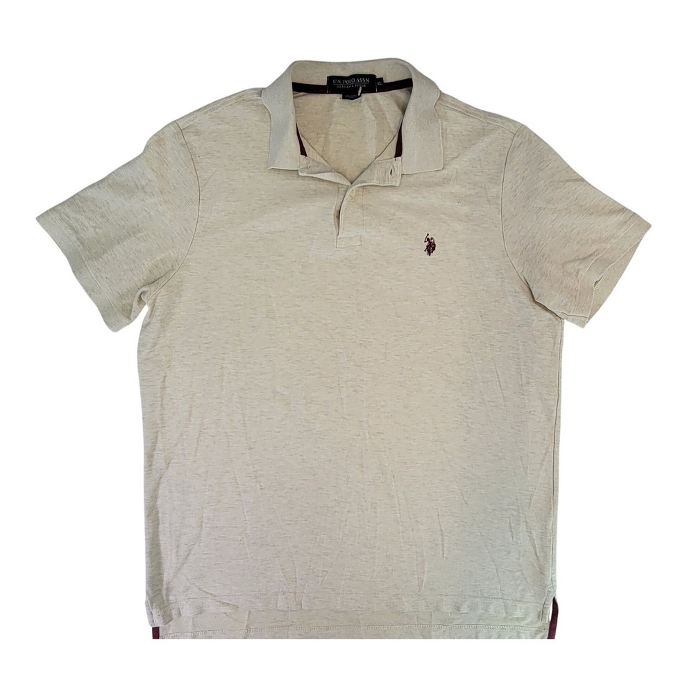 US Polo Assn Mens XL Beige Heathered Pique Polo Shirt Short Sleeve Logo Accent